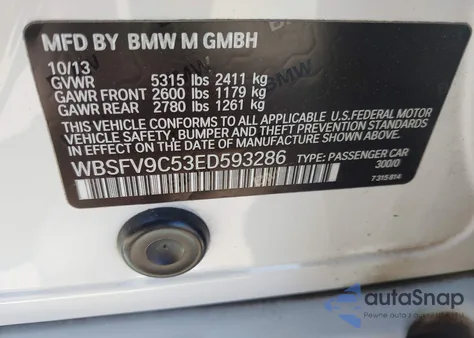 2014 BMW M5 из США, поврежденный, VIN WBSFV9C53ED593286